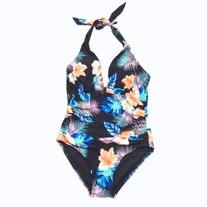 DKNY NEW Women's XL Tropical Print Plunge Halter Neck Sexy 1 Piece Swim Suit NWT